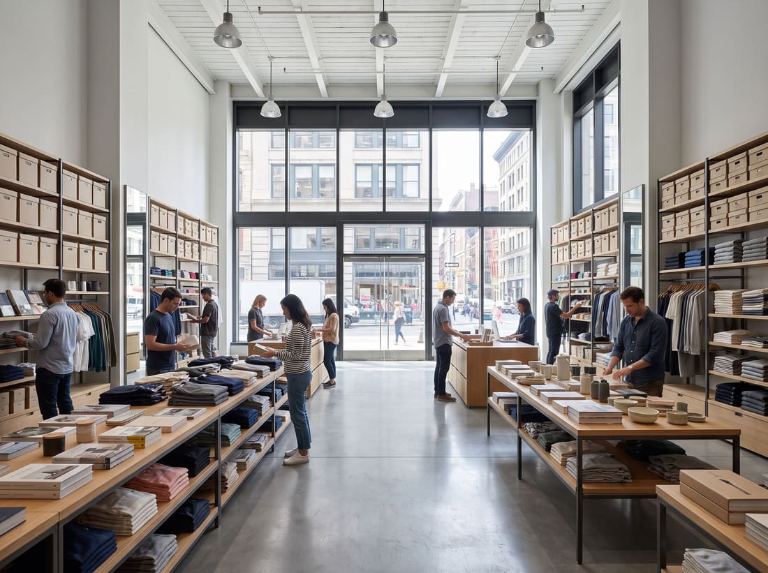 Shoppers browse a large modern flagship store with fully stocked shelving and tall glass frontage.