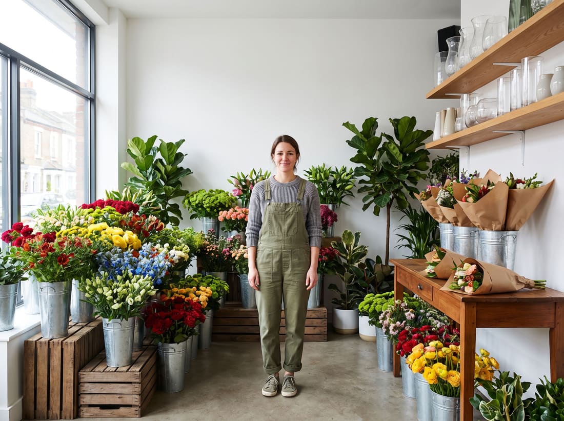 The owner of a flower shop stands among buckets of cut flowers, leafy plants and wrapped bouquets in her bright store.