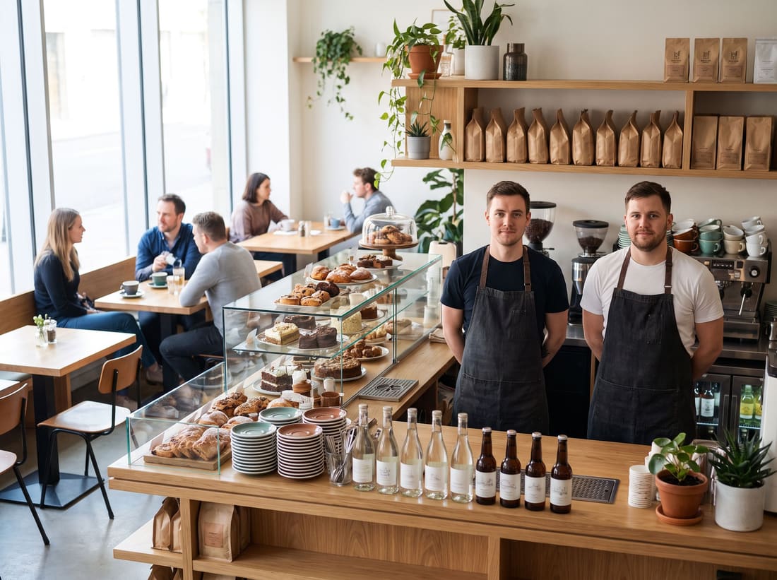 Two coffee shop staff stand behind a counter of pastries and stacked cups while customers sit at tables behind them.